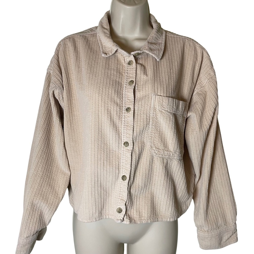 American Eagle Corduroy Button Down Shirt Beige Cream Cropped Shacket Womens M